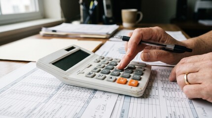 Hands using calculator with financial documents, tax forms and pen on office desk for accounting...