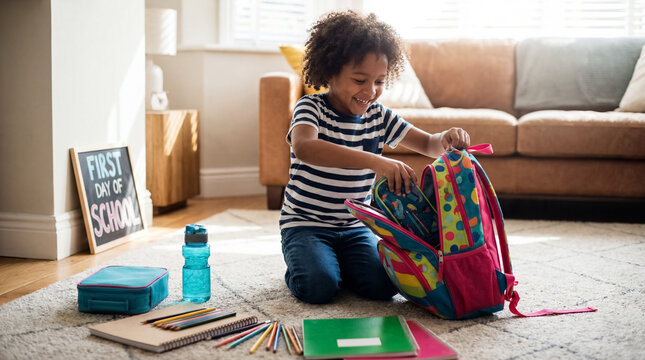 Happy kid student packing colorful backpack for first day of school, excited for education and learning at home