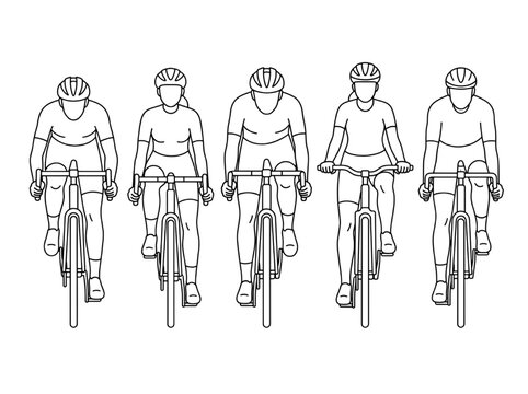 Front view CAD drawings of cyclists riding bicycles vector outline illustration