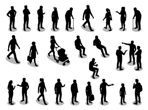 Isometric CAD people vector silhouettes set for architectural rendering and diagrams of walking, standing, and sitting crowd