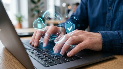Cybersecurity protection concept with person typing on laptop, cloud lock, shield checkmark, secure data access © 7IMJAGO