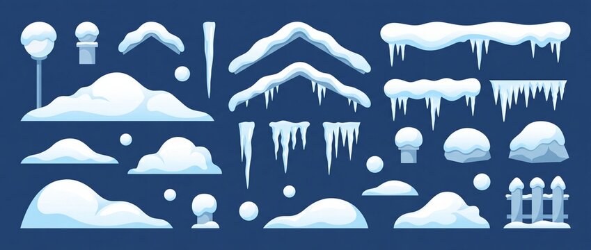 Vector set of cartoon snowdrifts icicles and winter elements ideal for game design seasonal graphics and user interface assets