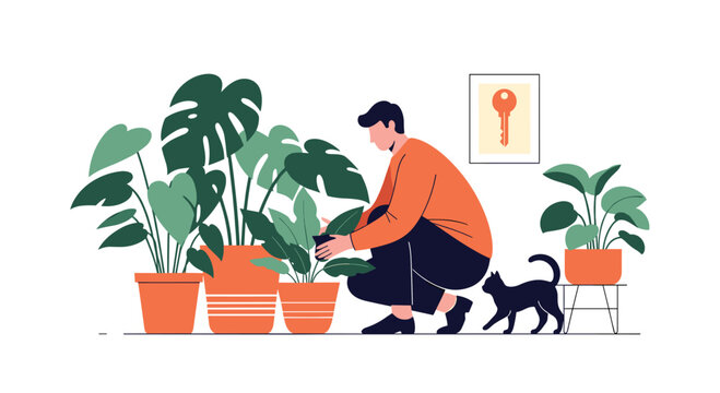 Man crouching to carefully tend to a large collection of various indoor houseplants in terracotta pots while a black cat walks nearby.