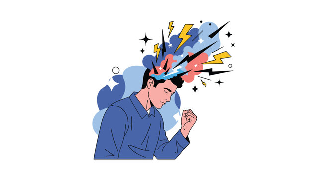 Stressed man with lightning bolts, dark clouds, and vibrant shapes exploding from his head representing a mental breakdown or headache.