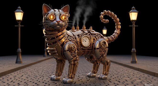 Steampunk robotic cat with glowing eyes and clockwork gears standing on a cobblestone street at night