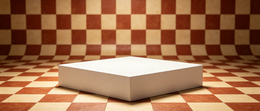 Empty Pedestal on Checkerboard: A stark white square pedestal sits centered on a vintage-style red and cream checkerboard floor and wall, creating a dramatic and minimalist presentation space.