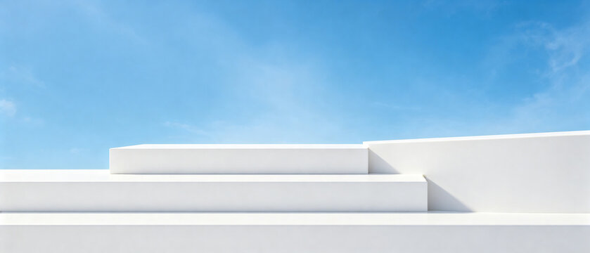 Modern White Steps Against Blue Sky: Clean, minimalist white steps ascend against a bright, clear blue sky, suggesting a path forward, progress, or a clean slate.