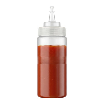 Clear plastic squeeze bottle container with red ketchup