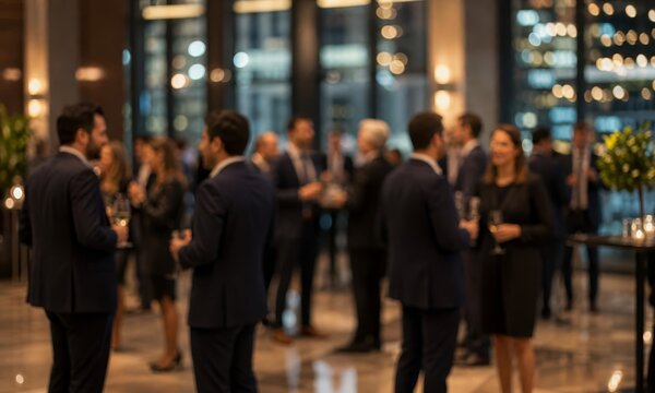 Blurry image of elegantly dressed people networking and socializing at a formal evening event or reception.