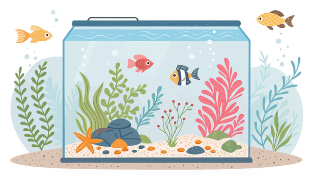 Cartoon aquarium with fish, seaweed, and rocks vector illustration of a fish tank with underwater plants, starfish, and pebbles on a