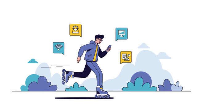 Young man in glasses rollerblades along a path while using his smartphone and surrounded by social media and tech icons.