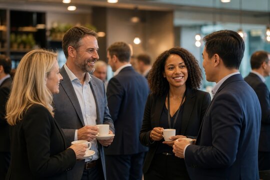 Diverse group of professionals enjoys coffee and conversation during a networking event, fostering connections and sharing ideas in a relaxed setting.
