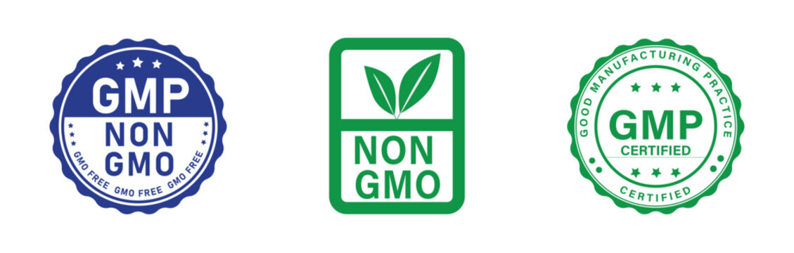 GMP Certified and Non GMO Badge Collection Food Quality Certification Vector Set