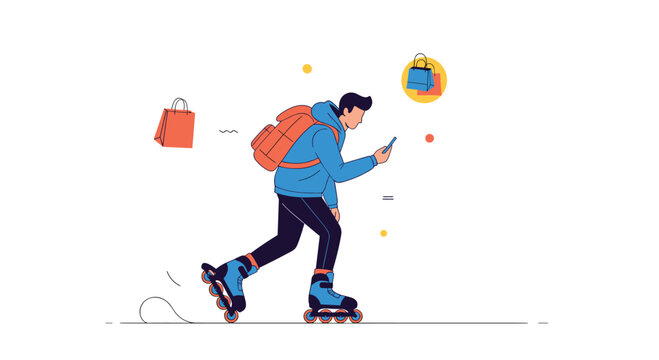 Delivery courier on rollerblades wears a backpack and looks at his smartphone while skating through an urban environment.