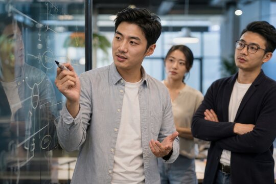 Focused asian businessman points to a complex diagram on a glass whiteboard while two colleagues observe intently in a modern office meeting room.