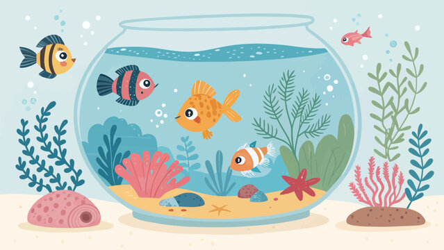 Cute cartoon fish bowl with colorful tropical fish swimming inside and outside, underwater plants, corals, starfish and sea shell vector illustration