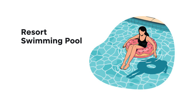 Young woman in a black swimsuit relaxes in a resort swimming pool while floating on a pink donut shaped inflatable ring.