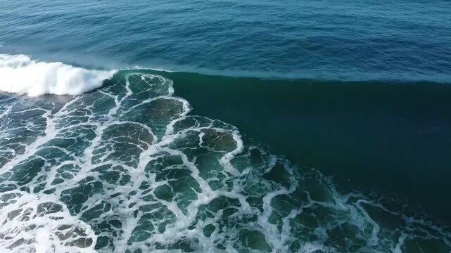 Powerful ocean wave crests and breaks with white foam, creating a dynamic pattern on the deep blue water.