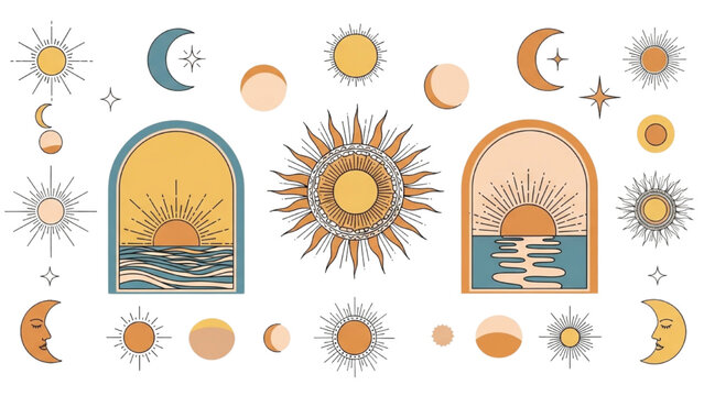Vibrant sun and moon illustrations shine brightly in an artistic scene