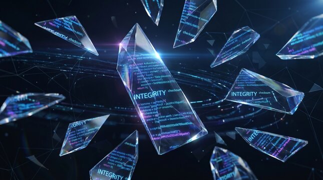 Abstract digital representation of scattered glass fragments reflecting secure program code data integrity and network protection
