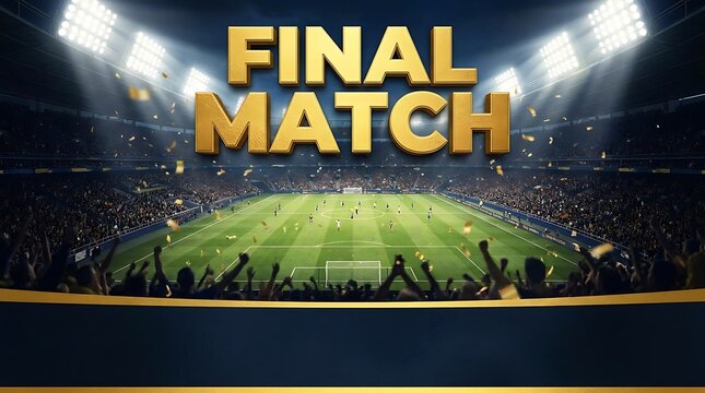 Exciting final match soccer stadium atmosphere with golden confetti