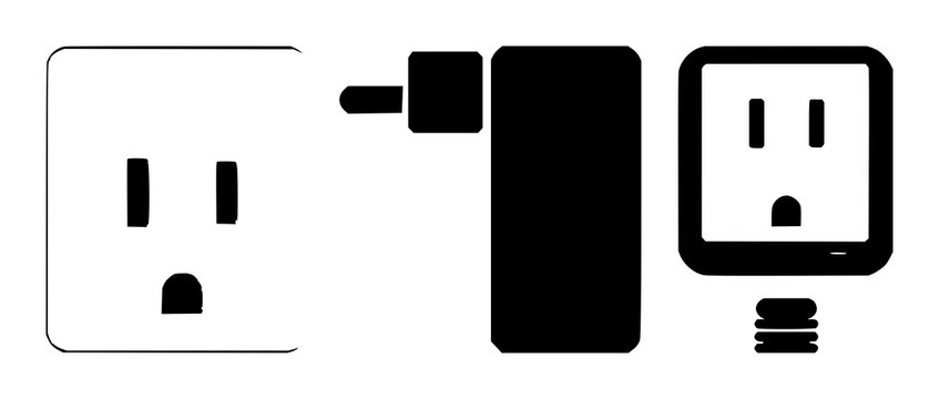 Electrical sockets set with solid black icon on white background featuring electrical outlet, power plug, socket symbol with minimalist design and line art