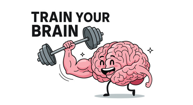 Strong cartoon brain character lifting a heavy barbell with a muscular arm, representing mental strength and cognitive training concepts.