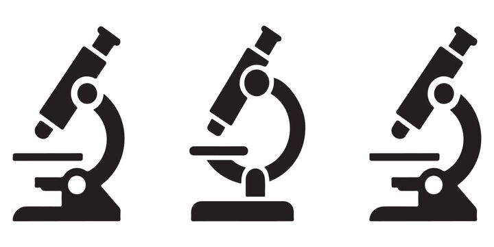 Three black microscope icons on white background for scientific research and laboratory analysis.