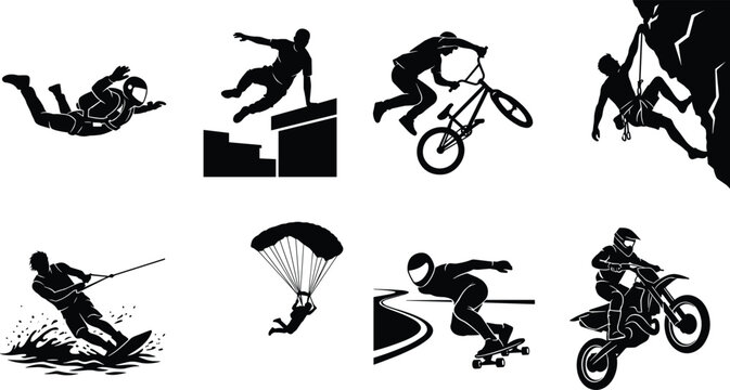 Extreme sports and outdoor adventure athletics icon set featuring black silhouettes of skydiving rock climbing and motocross