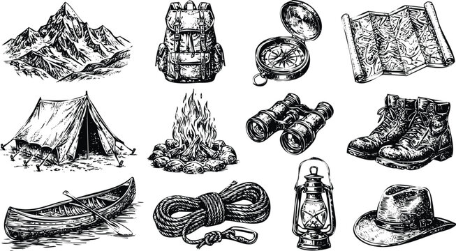 Vintage camping equipment arranged with mountain and canoe in a classic engraving style during outdoor adventure planning