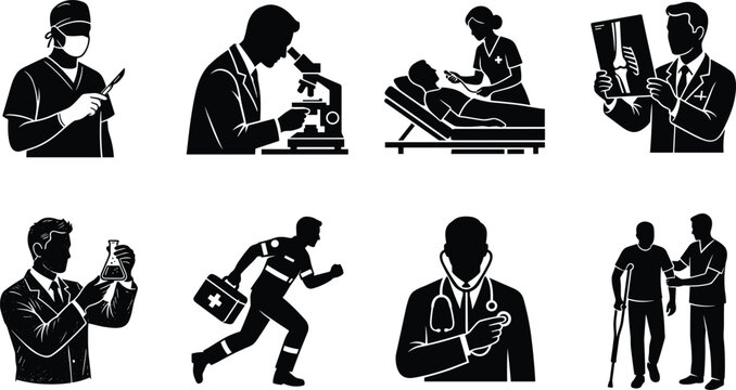 Medical and healthcare professionals icon set featuring black silhouettes of surgeon, scientist with microscope, doctor examining patient, x-ray analysis, paramedic, and physical therapist