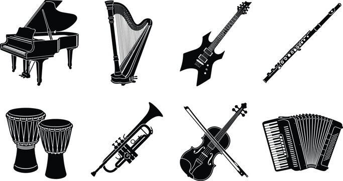 Musical instruments icon set featuring black silhouettes of grand piano electric guitar trumpet and accordion