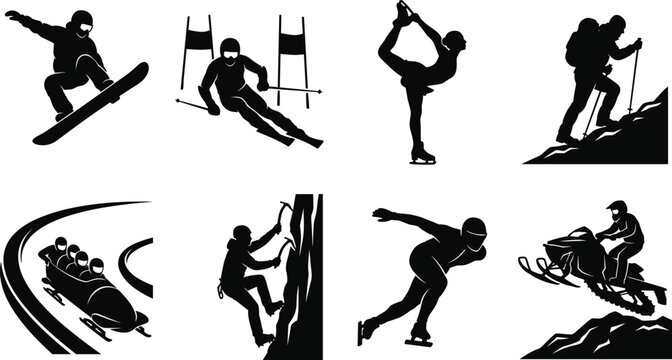 Winter sports and outdoor recreation icon set featuring black silhouettes of snowboarding skiing ice skating and bobsled