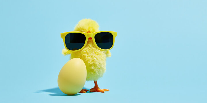 easter chick wearing yellow sunglasses poses behind pink egg on bright blue studio backdrop creating whimsical banner
