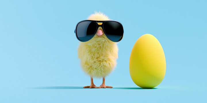 easter chick wearing yellow sunglasses poses behind pink egg on bright blue studio backdrop creating whimsical banner