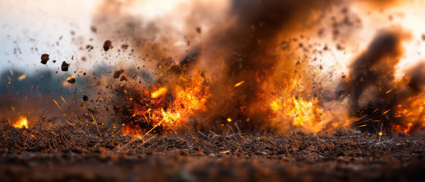 battlefield explosion erupts over volcanic rocky ground scattering fiery debris under dense dramatic smoke clouds