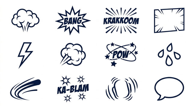 Collection of comic book sound effect word bubbles and symbols.