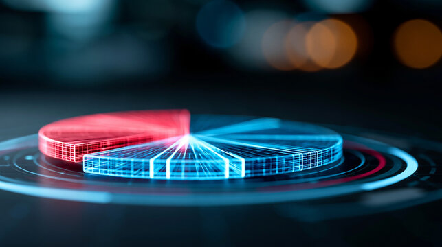 Futuristic glowing digital pie chart showing market segmentation and business analysis data, digital strategy visualization concept, defocused dark background, with copy space
