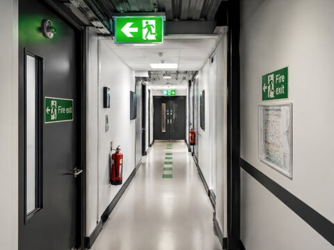Long corridor with fire exit signs, emergency lighting, and fire extinguishers visible along the walls in a modern building interior
