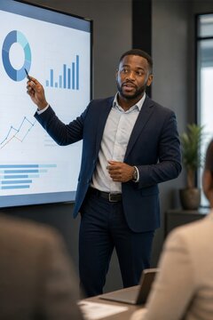 Confident african american businessman in a suit presents a financial graph on a large screen, pointing with a pen to his diverse audience.