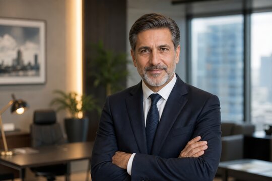 Distinguished, smiling middle-aged businessman with crossed arms poses in his well-appointed modern office.