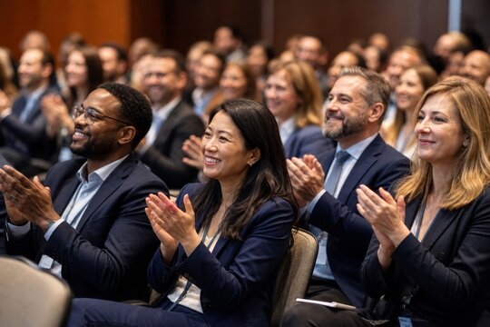 Diverse audience of business professionals applauds enthusiastically during a conference presentation, signifying engagement and approval.