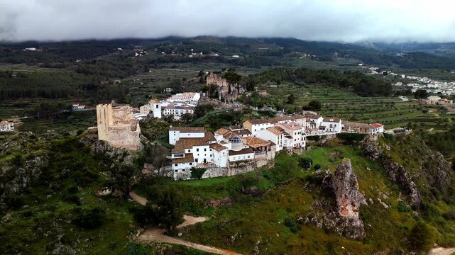 Aerial view circling Guadalest Castle on rocky ridge, Costa Blanca, Spain