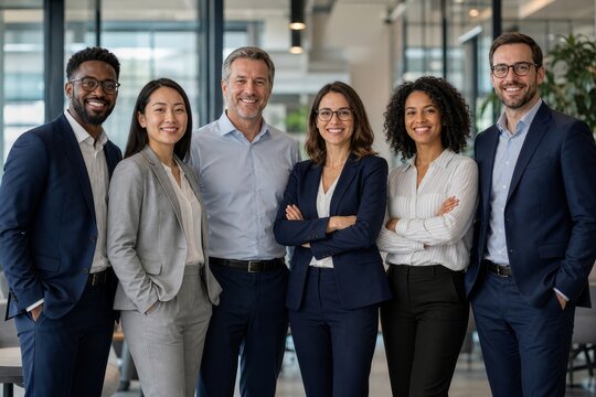 Diverse group of six smiling professionals, men and women, pose confidently for a photo in a contemporary office space.