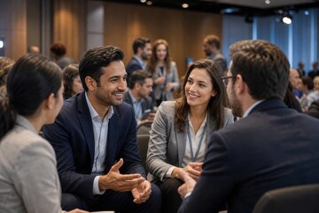 Obraz premium Four business people in a casual setting, engaged in a lively discussion during a networking event or conference breakout session.