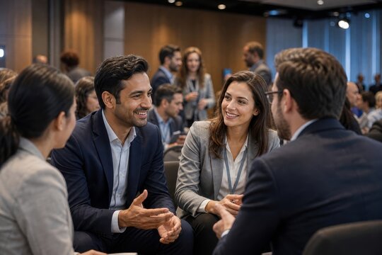 Four business people in a casual setting, engaged in a lively discussion during a networking event or conference breakout session.