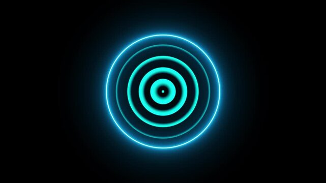 A radio wave technology animation and neon circle looped animation on black background. Abstract cyan neon radio waves signal radar concept.