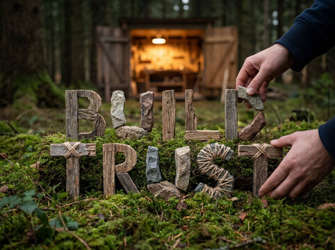 Hand building build trust word with wood and stone elements, symbolizing business relationship development