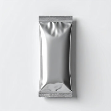 Silver metallic stick sachet packaging isolated on white background, product mockup, packaging design, minimal composition. Close-up.