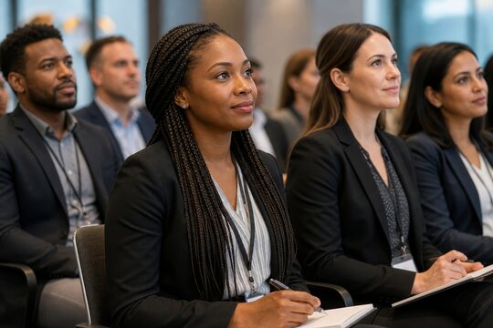 Group of diverse professionals, including women and men in suits, are seated and attentively listening in a conference.